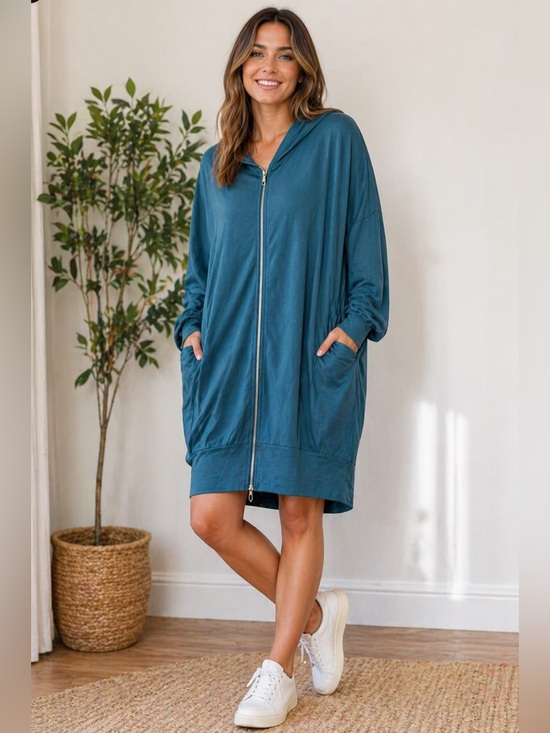 Allison Daley Dresses & Skirts - NWT Aleeza Paris Teal 39” Hooded Lounge Dress Size Large (oversized)